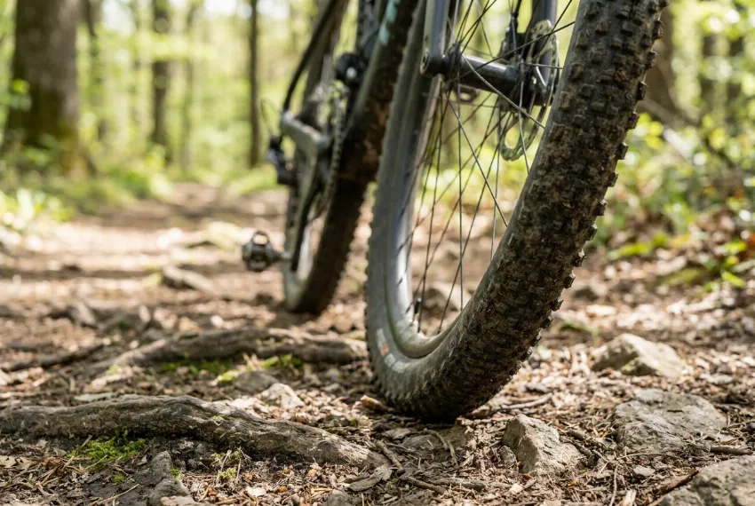 Široka gravel pnevmatika z agresivnim profilom na gozdni poti s koreninami.