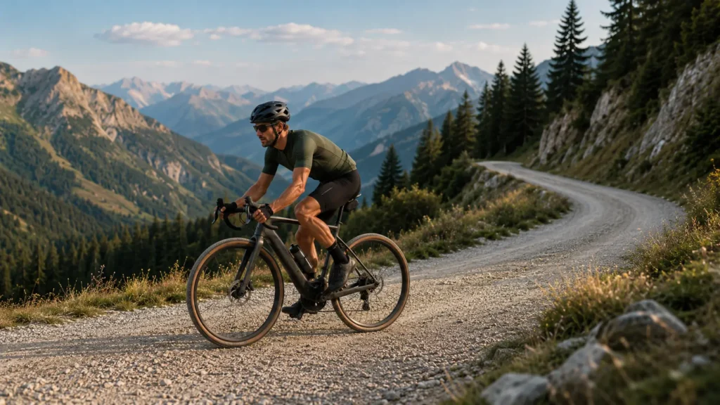 Kolesar na električnem gravel kolesu med vožnjo po alpski makadamski cesti