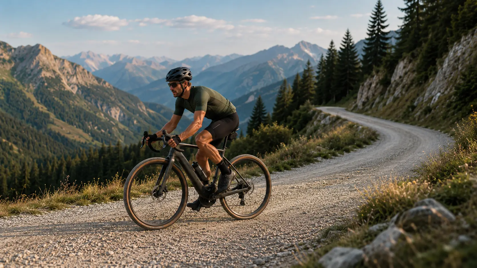Kolesar na električnem gravel kolesu med vožnjo po alpski makadamski cesti