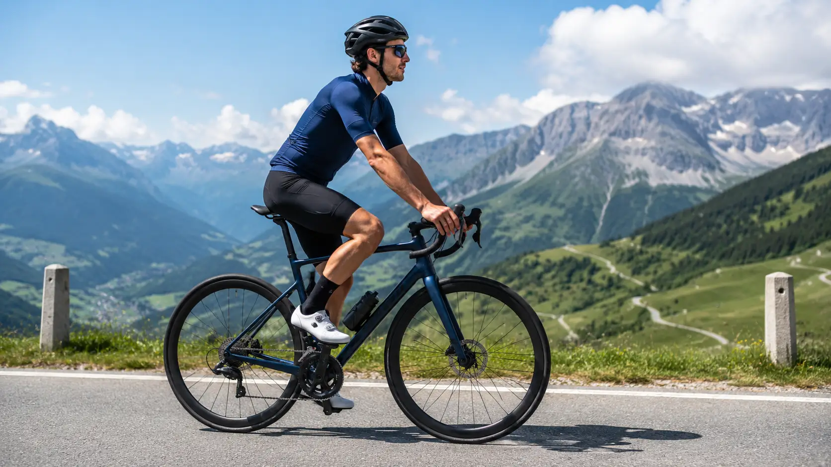 Kolesar na endurance cestnem kolesu v sproščeni drži na asfaltni gorski cesti