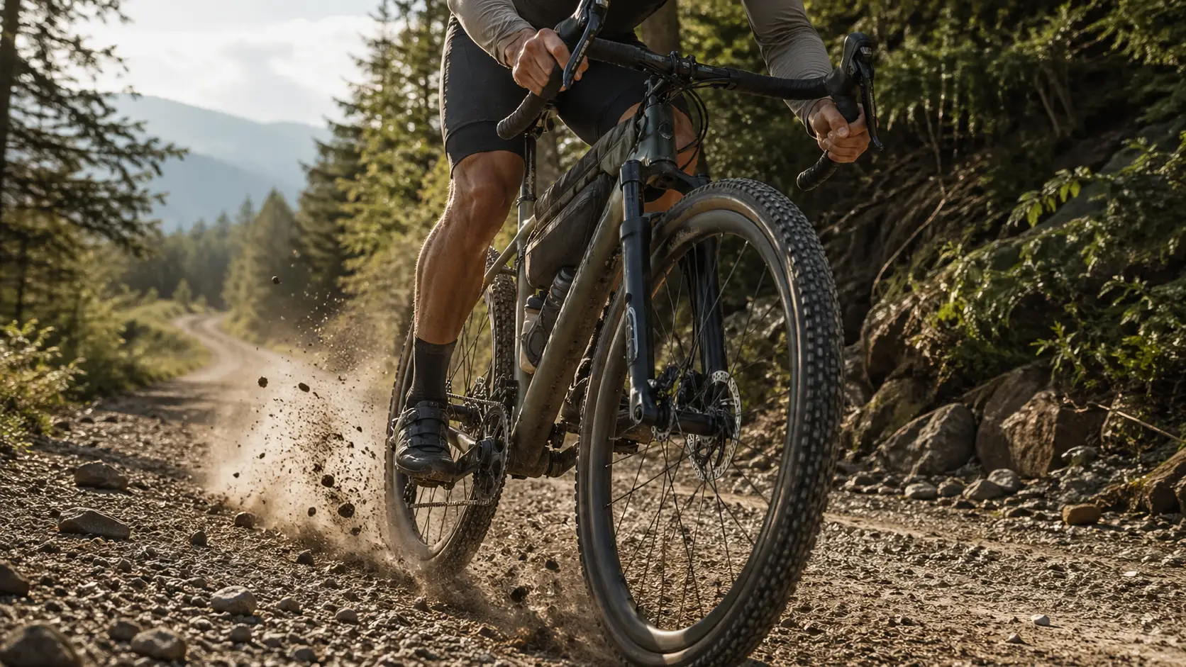 Gravel kolo z vzmeteno sprednjo vilico na grobi makadamski poti