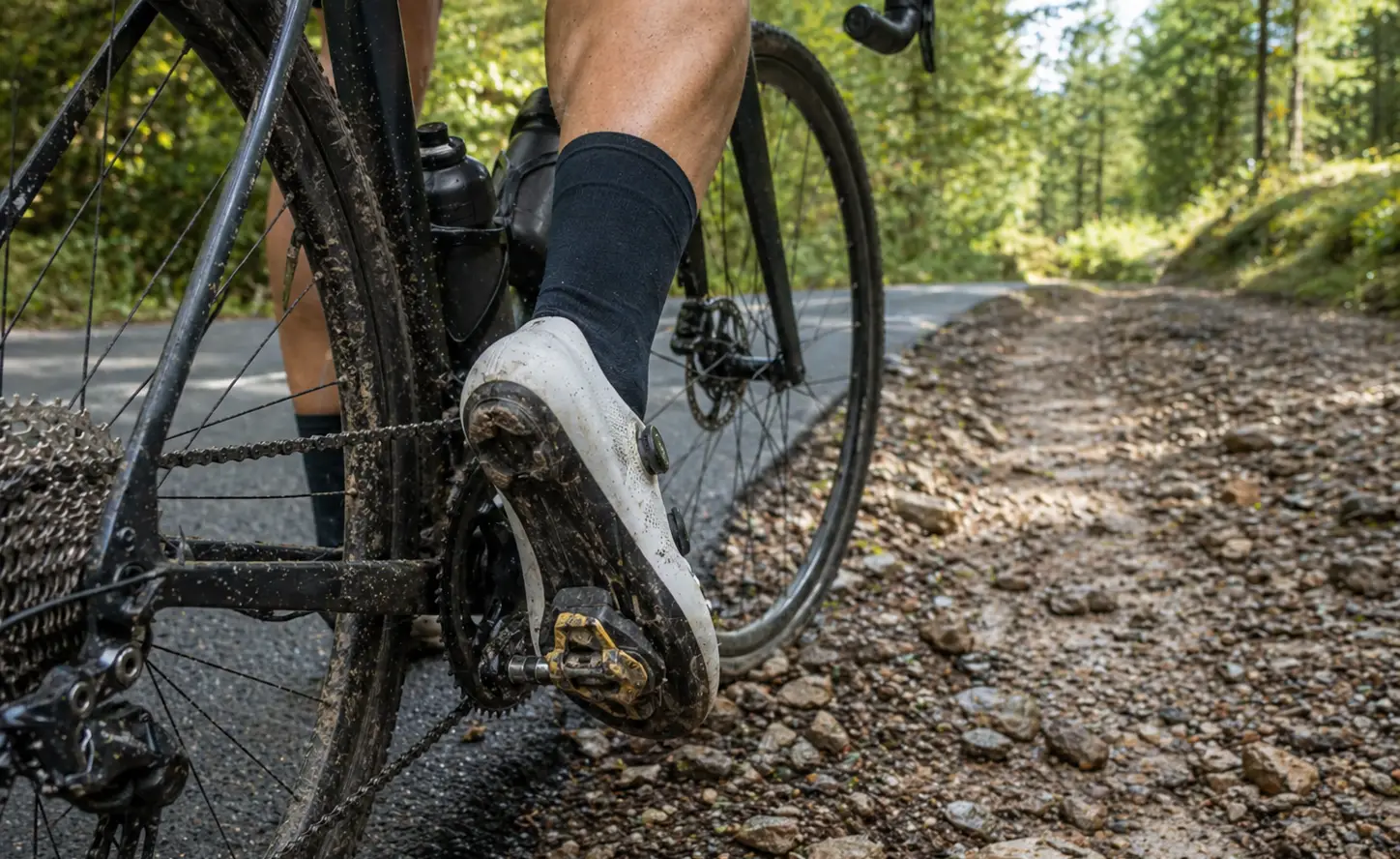 Cestni kolesarski čevelj s cestnim pedalom na prehodu z asfalta na makadam