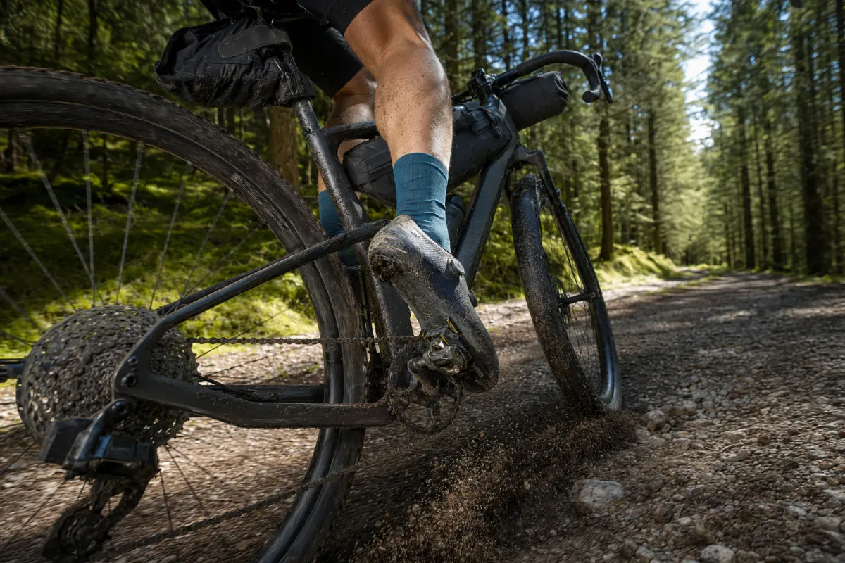 Kolesar vpenja gravel čevelj v SPD pedal na blatni gozdni poti.