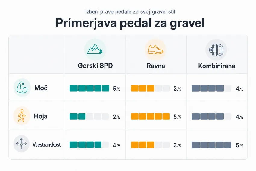 Infografika s primerjavo gorskih SPD, ravnih in kombiniranih pedal.