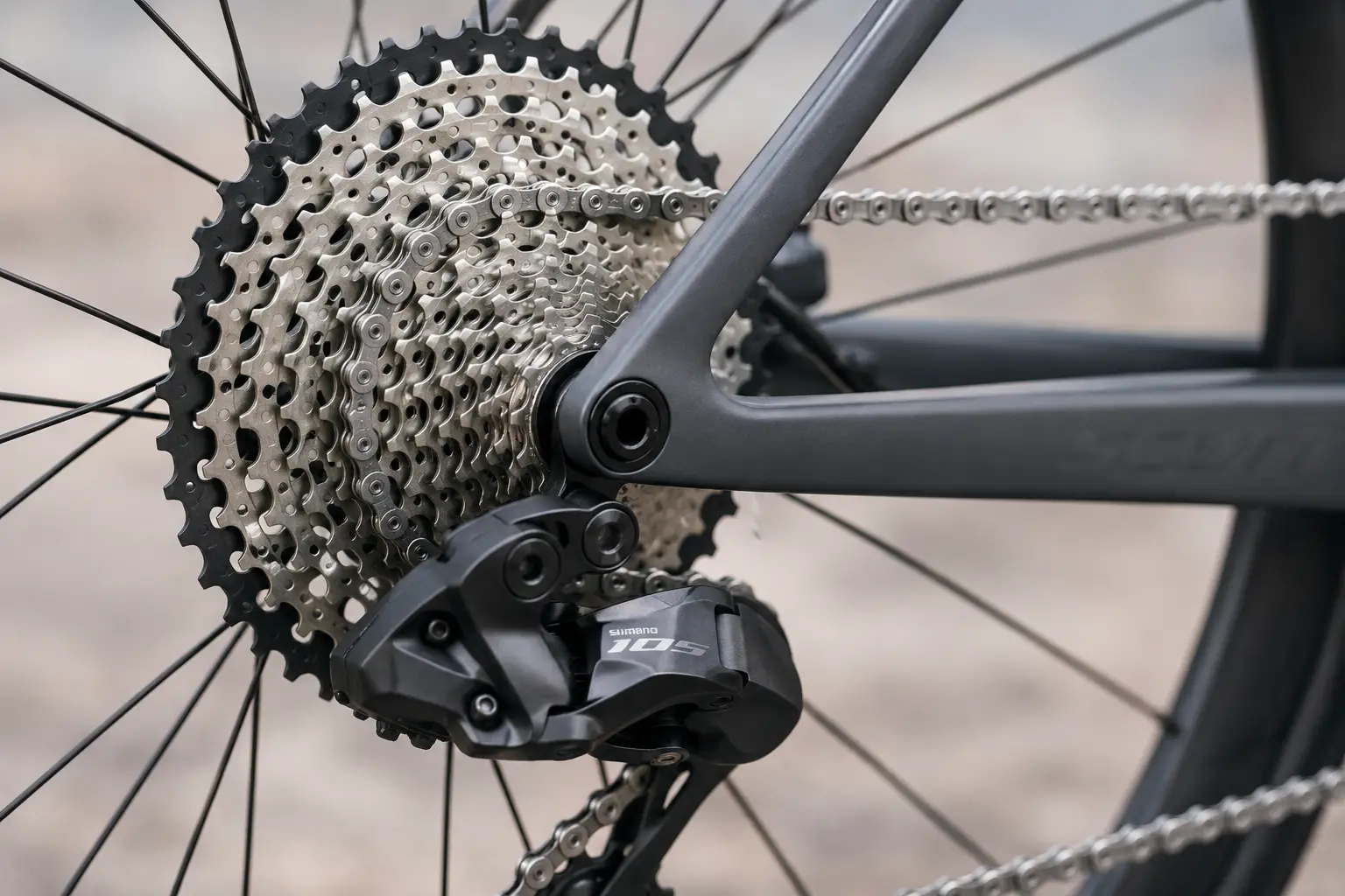 Bližnji posnetek 12-redne kasete in zadnjega menjalnika Shimano 105 na cestnem kolesu