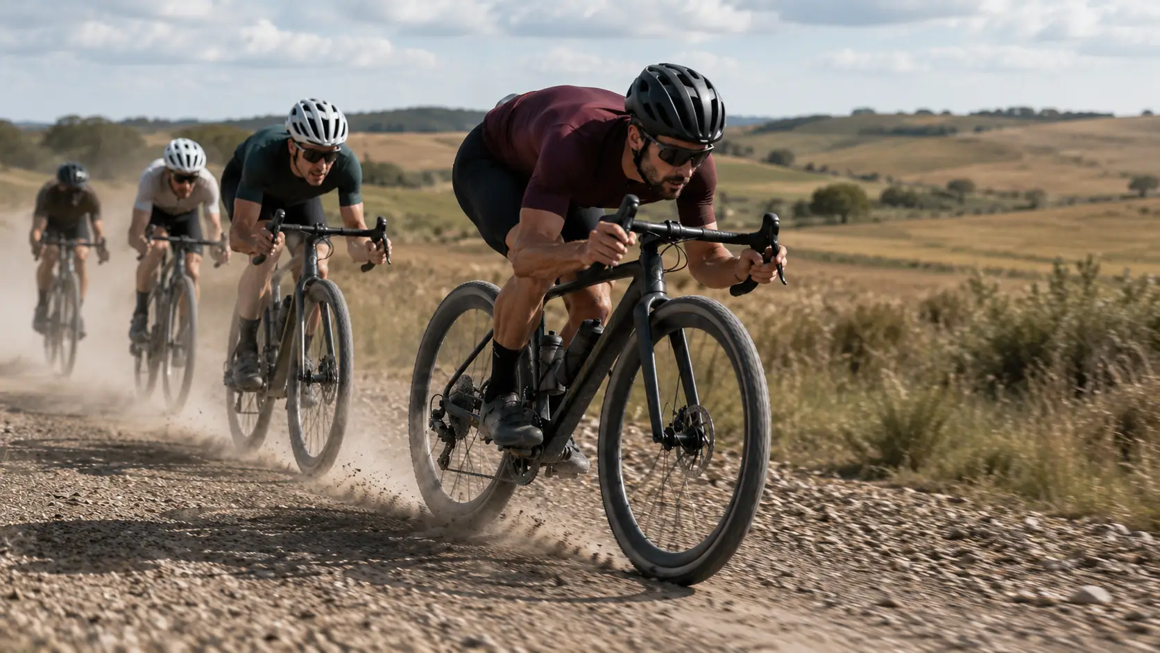 Kolesarji v aerodinamični drži na gravel dirki
