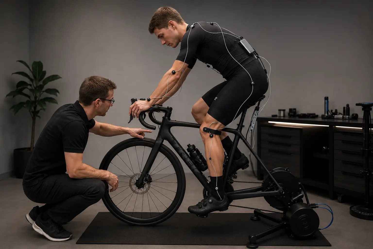 Profesionalni bikefitting kolesarja na cestnem kolesu s senzorji za analizo gibanja