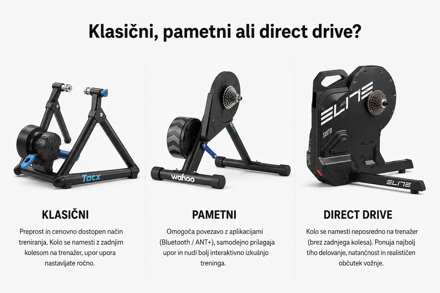 Primerjava klasičnega, pametnega in direct drive trenažerja za kolo