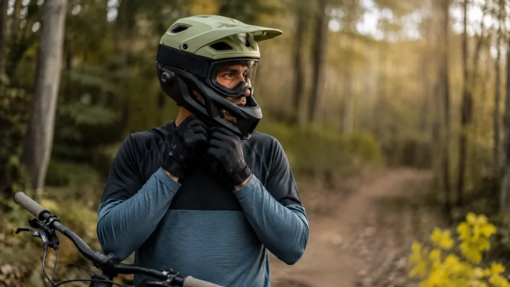 Kolesar z MTB čelado na gozdni poti ob gorskem kolesu