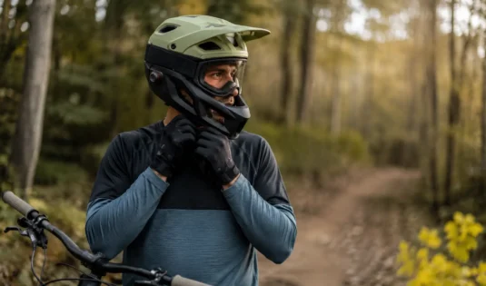 Kolesar z MTB čelado na gozdni poti ob gorskem kolesu