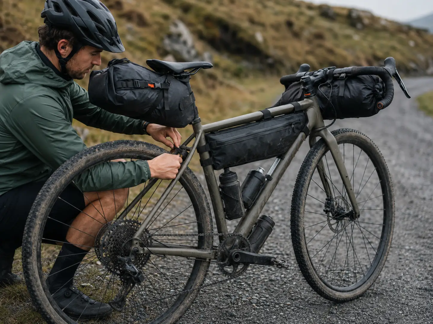 Bikepacking kolo z okvirno, podsedežno in krmilno torbo za pravilno razporeditev teže