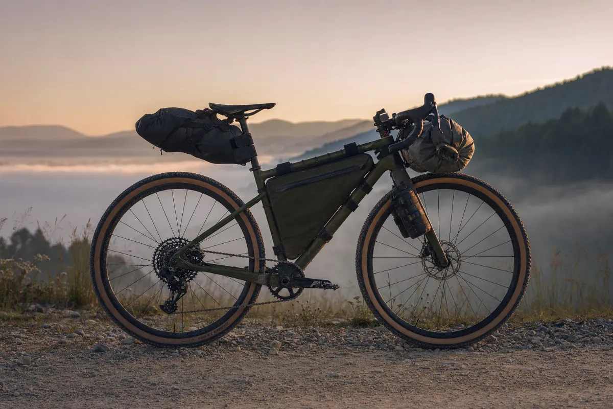 Gravel kolo z bikepacking torbami na makadamski cesti