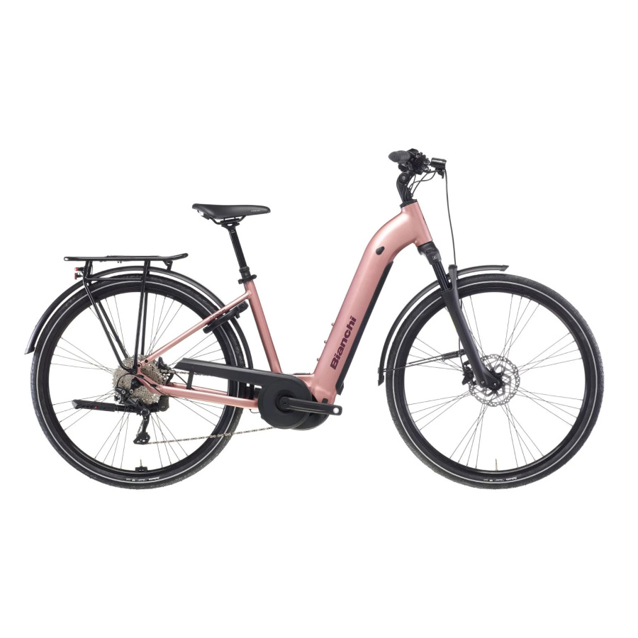Električno mestno kolo Bianchi T-Tronik C 8.2 2027 v Rose Metallic in Bordeaux barvi
