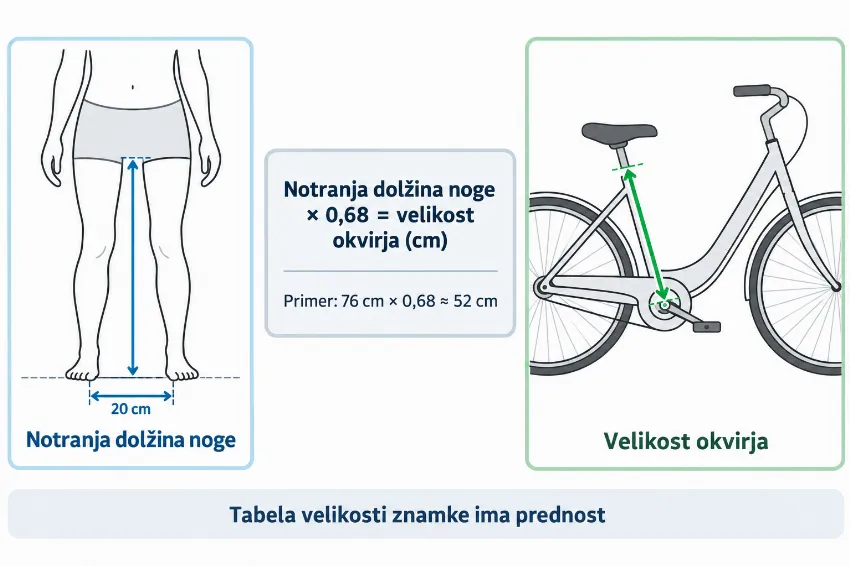Infografika: kako izmerite notranjo dolžino noge in izračunate velikost okvirja e-kolesa